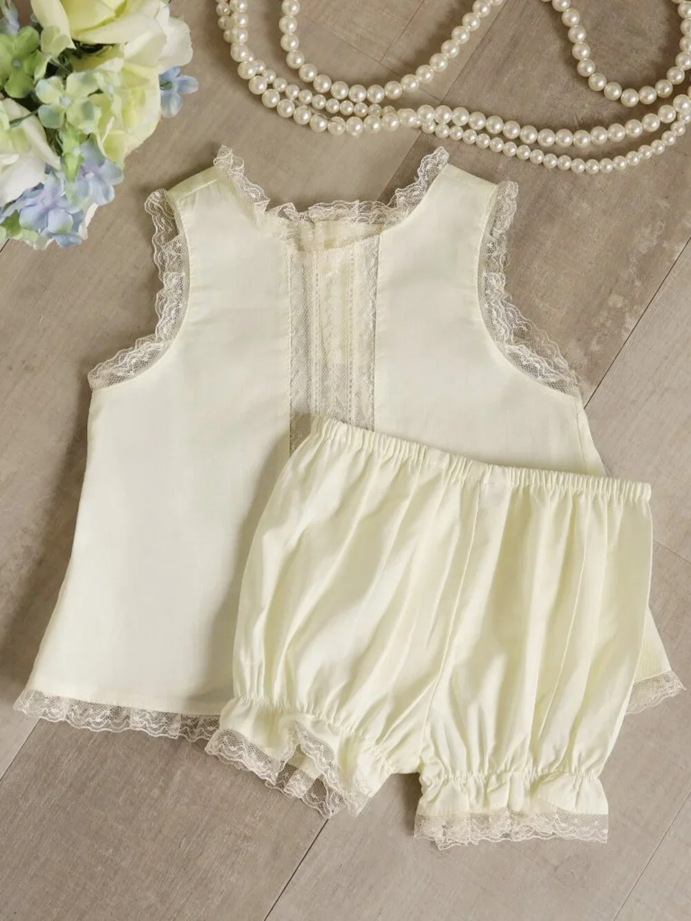 Yellow Cotton Heirloom Diaper Set Ivory Vintage lace Inlays Trapeze Top Fly back